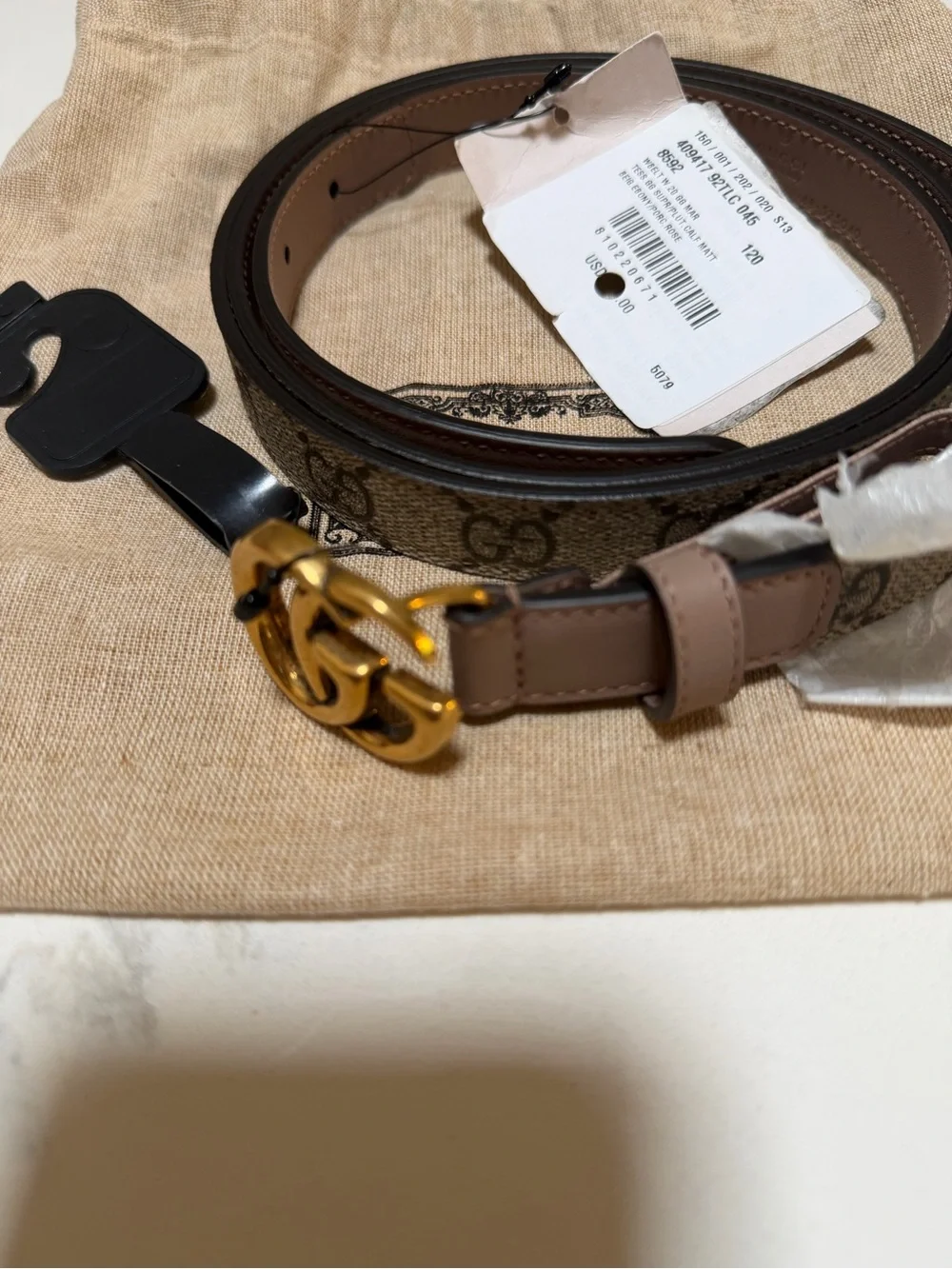 Gucci Brown GG Supreme Canvas Belt with Taupe Leather & Gold Double G Buckle